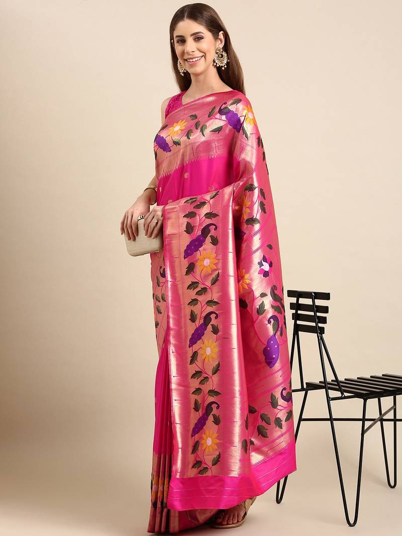 Pink woven paithani silk saree with blouse