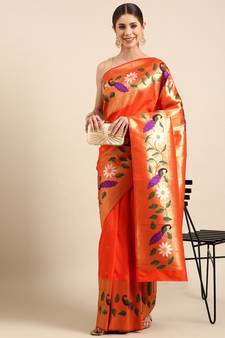 Orange woven paithani silk saree with blouse