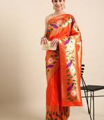 Orange woven paithani silk saree with blouse