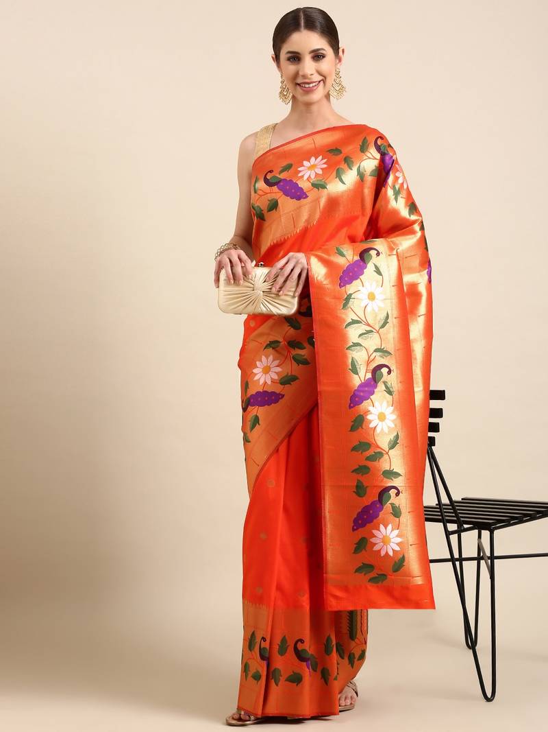 Orange woven paithani silk saree with blouse