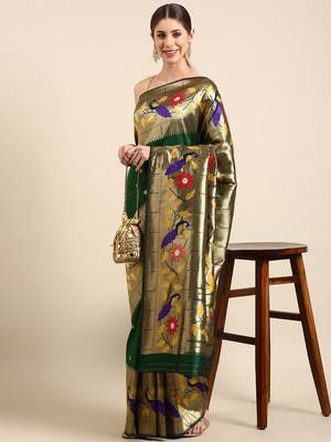 Dark green woven paithani silk saree with blouse 1
