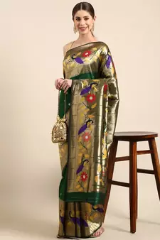 Dark green woven paithani silk saree with blouse