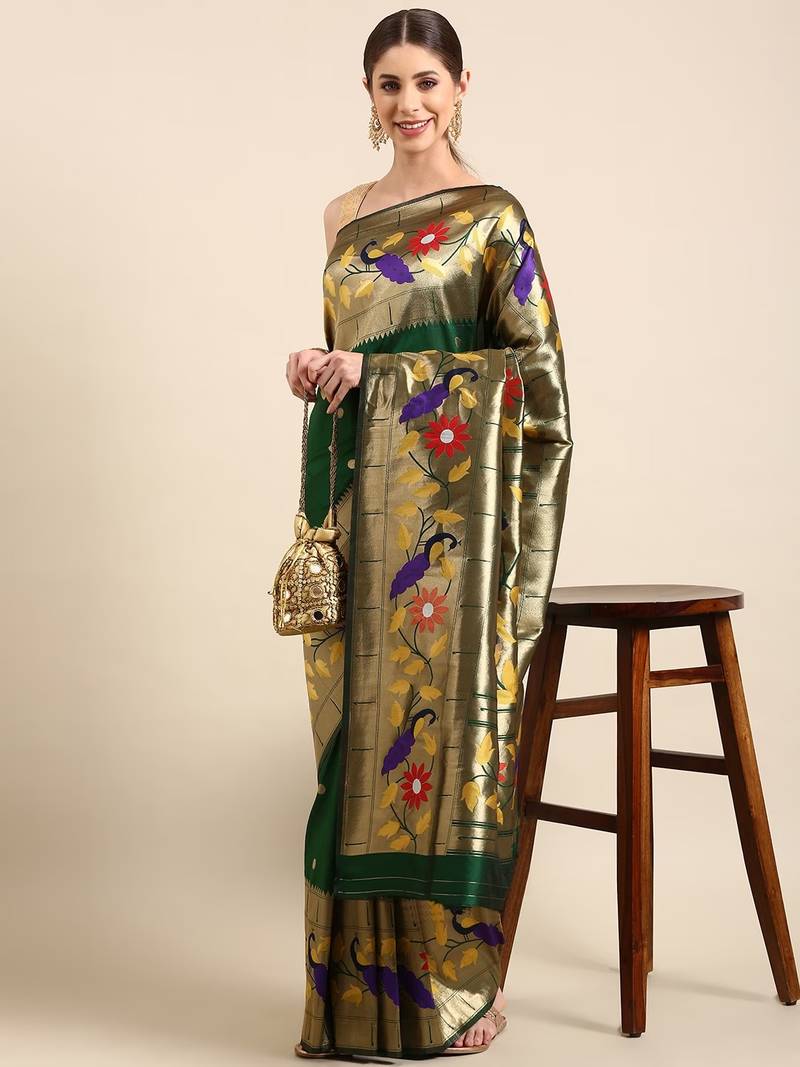 Dark green woven paithani silk saree with blouse