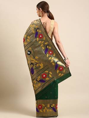 Dark green woven paithani silk saree with blouse 2
