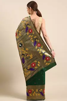 Dark green woven paithani silk saree with blouse
