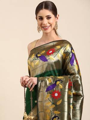 Dark green woven paithani silk saree with blouse 3