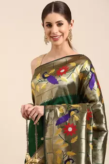 Dark green woven paithani silk saree with blouse