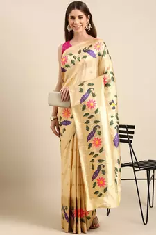White woven paithani silk saree with blouse