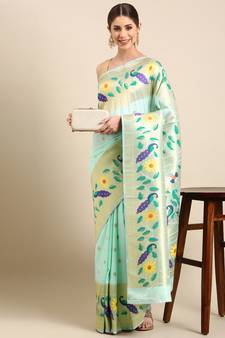 Aqua blue woven paithani silk saree with blouse
