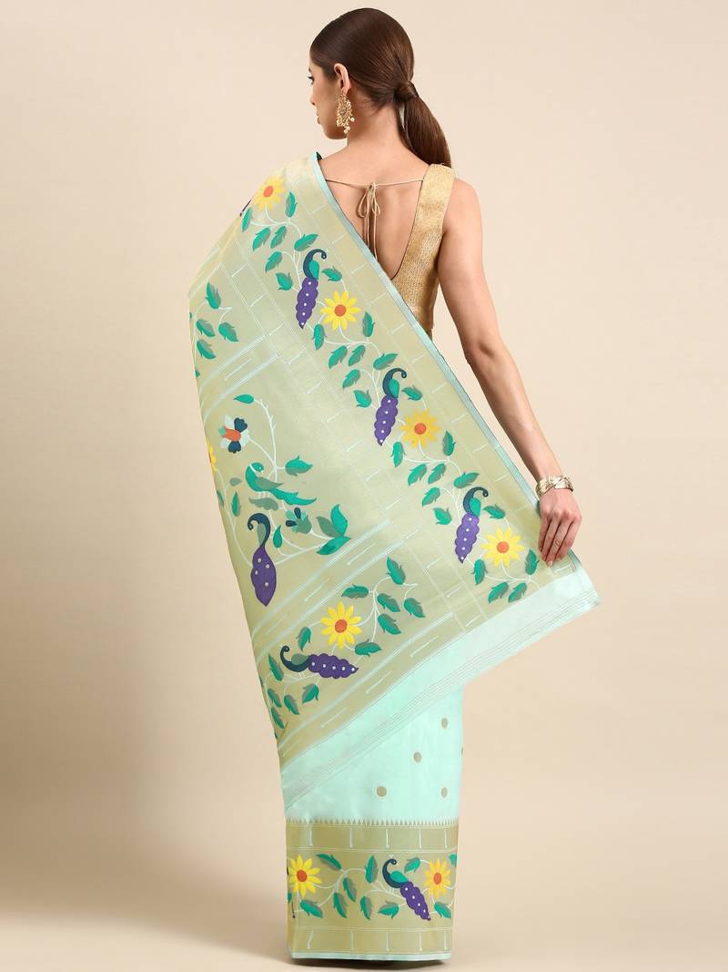 Aqua blue woven paithani silk saree with blouse