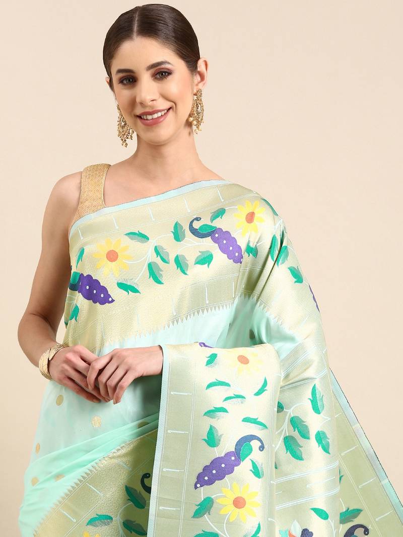 Aqua blue woven paithani silk saree with blouse
