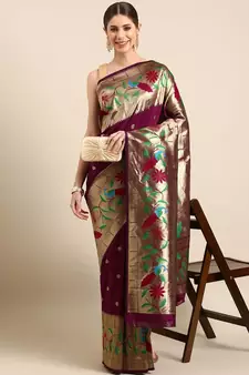 Dark maroon woven paithani silk saree with blouse