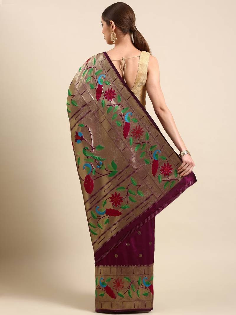 Dark maroon woven paithani silk saree with blouse