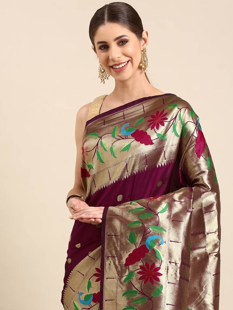 Dark maroon woven paithani silk saree with blouse