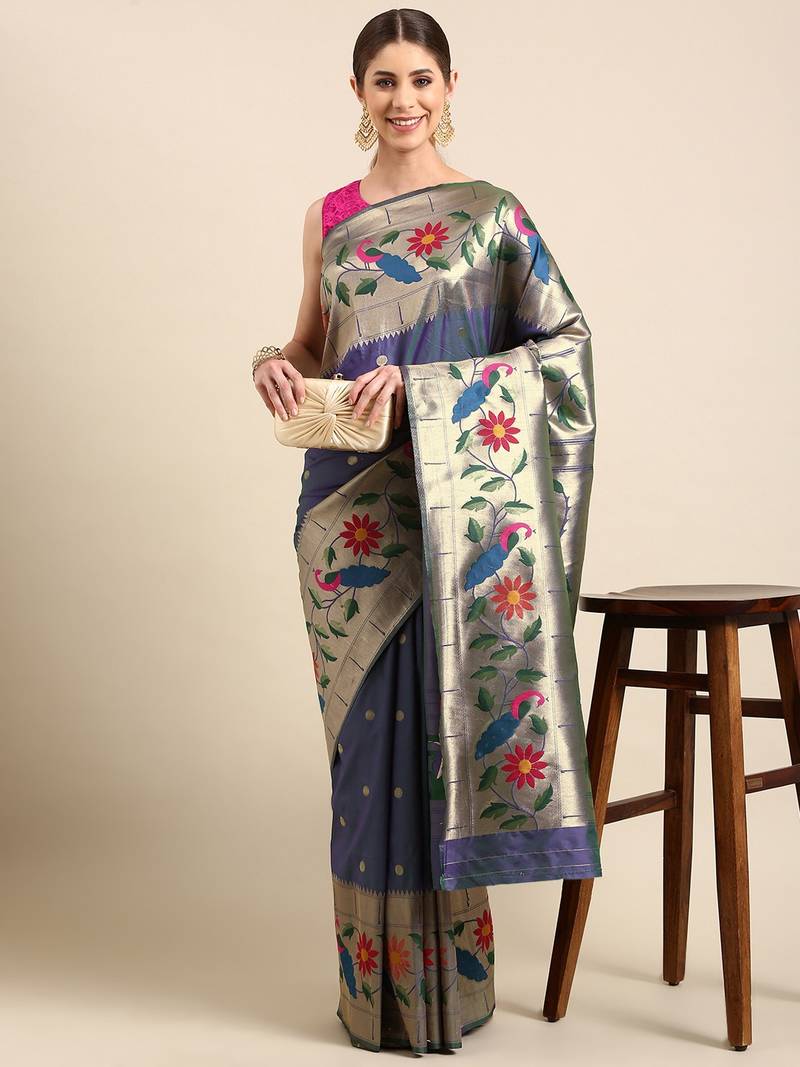 Teal woven paithani silk saree with blouse