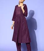 Wine Embroidered Foil Printed Crepe Straight Kurta Pant Set