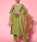 SheWill Lemon Green Chinon Sequence Chain Embroidered Kurta Pant with Dupatta