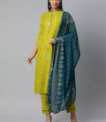 Lime Green  Floral Foil Printed Ruby Cotton Kurta Pant With Dupatta