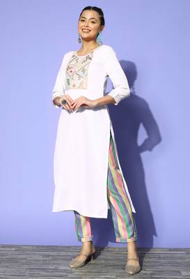 Off White  Solid Zari Embroidery Ruby Silk Kurta Pant Set 1