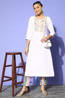 Off White  Solid Zari Embroidery Ruby Silk Kurta Pant Set