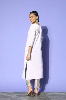 Off White  Solid Zari Embroidery Ruby Silk Kurta Pant Set