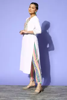Off White  Solid Zari Embroidery Ruby Silk Kurta Pant Set
