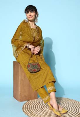 Mustard  Zari Sequence Embroidered Chinon Silk Kurta Pant With Dupatta 1