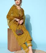 Mustard  Zari Sequence Embroidered Chinon Silk Kurta Pant With Dupatta