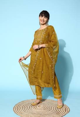 Mustard  Zari Sequence Embroidered Chinon Silk Kurta Pant With Dupatta 2