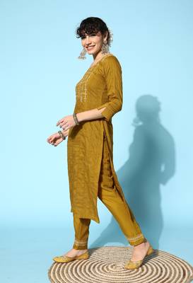 Mustard  Zari Sequence Embroidered Chinon Silk Kurta Pant With Dupatta 3