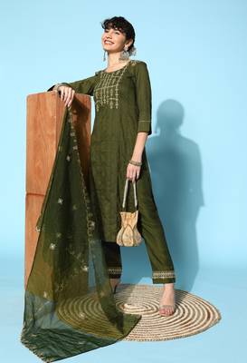 Green Zari Sequence Embroidered Chinon Silk Kurta Pant With Dupatta 1