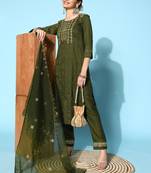 Green Zari Sequence Embroidered Chinon Silk Kurta Pant With Dupatta
