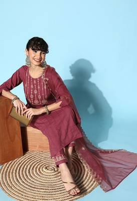 Pink Zari Sequence Embroidered Chinon Silk Kurta Pant With Dupatta 1