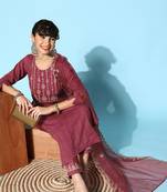 Pink Zari Sequence Embroidered Chinon Silk Kurta Pant With Dupatta