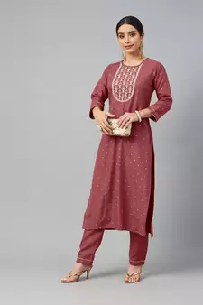 Peach Sequence Chain Embroidered Chinon Kurta Pant Set