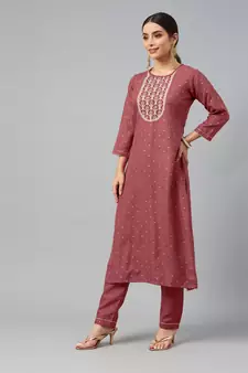 Peach Sequence Chain Embroidered Chinon Kurta Pant Set