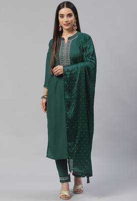 Green Zari Sequence Embroidered Chinon Kurta Pant with Dupatta 1