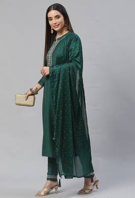 Green Zari Sequence Embroidered Chinon Kurta Pant with Dupatta 2