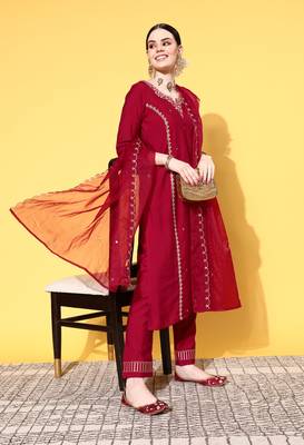 Maroon Sequence Zari work Cotton Blend Straight Kurta Pant with Dupatta 1