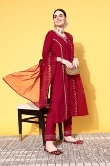 Maroon Sequence Zari work Cotton Blend Straight Kurta Pant with Dupatta
