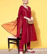 Maroon Sequence Zari work Cotton Blend Straight Kurta Pant with Dupatta