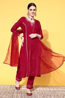 Maroon Sequence Zari work Cotton Blend Straight Kurta Pant with Dupatta