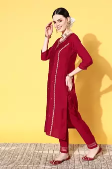 Maroon Sequence Zari work Cotton Blend Straight Kurta Pant with Dupatta