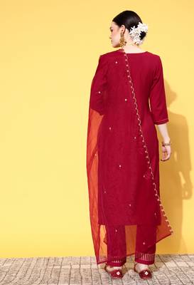 Maroon Sequence Zari work Cotton Blend Straight Kurta Pant with Dupatta 4