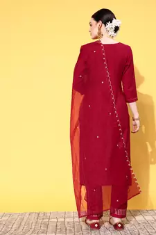 Maroon Sequence Zari work Cotton Blend Straight Kurta Pant with Dupatta