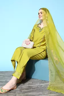 Green Sequence Zari work Cotton Blend Straight Kurta Pant with Dupatta