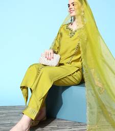 Green Sequence Zari work Cotton Blend Straight Kurta Pant with Dupatta