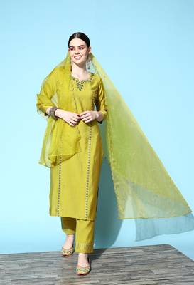 Green Sequence Zari work Cotton Blend Straight Kurta Pant with Dupatta 1