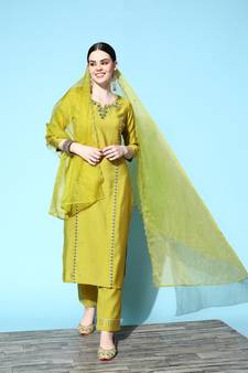 Green Sequence Zari work Cotton Blend Straight Kurta Pant with Dupatta