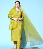 Green Sequence Zari work Cotton Blend Straight Kurta Pant with Dupatta